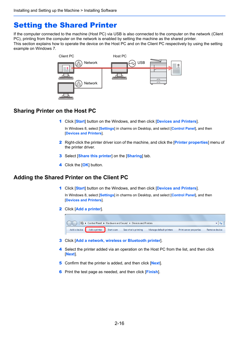 Setting the shared printer, Setting the shared printer -16, Sharing printer on the host pc | Adding the shared printer on the client pc | TA Triumph-Adler 1855 User Manual | Page 42 / 212