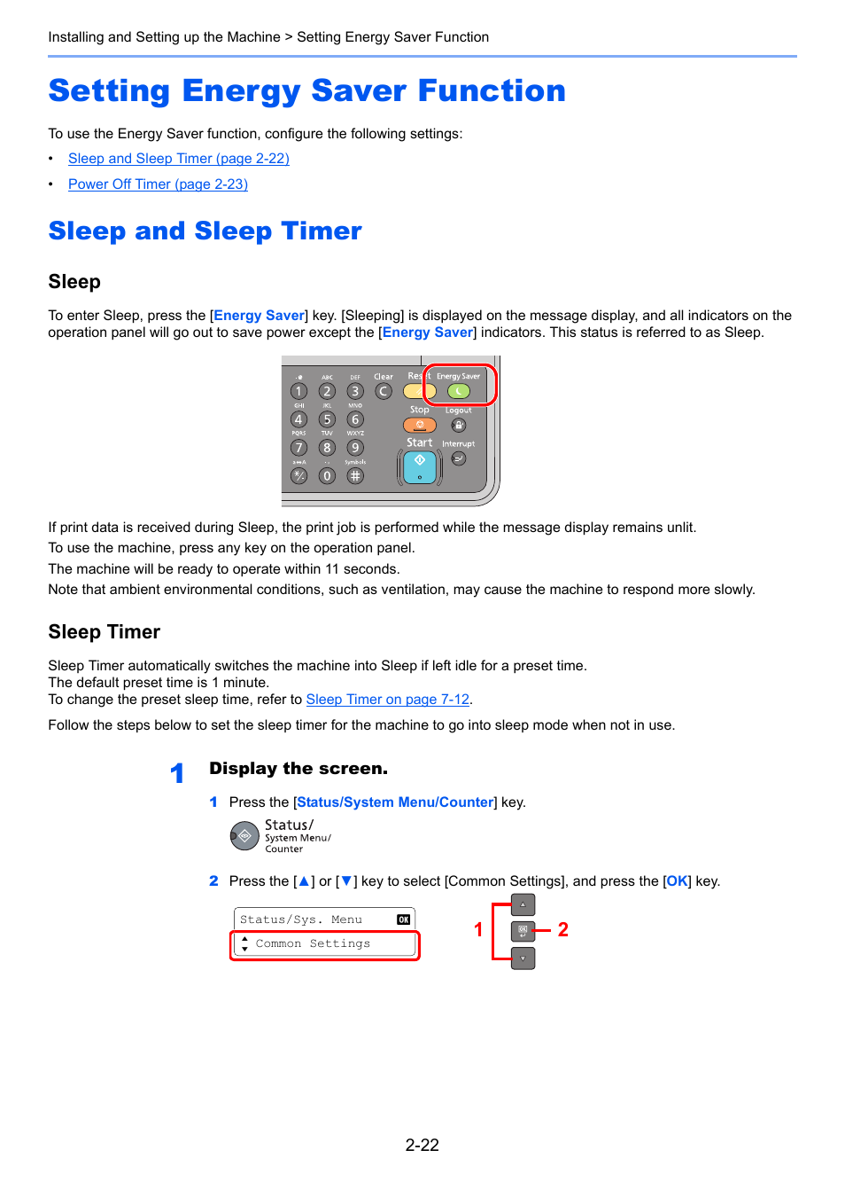 Setting energy saver function, Sleep and sleep timer, Setting energy saver function -22 | Sleep and sleep timer -22, Tion see, Sleep, Sleep timer | TA Triumph-Adler 1855 User Manual | Page 48 / 212