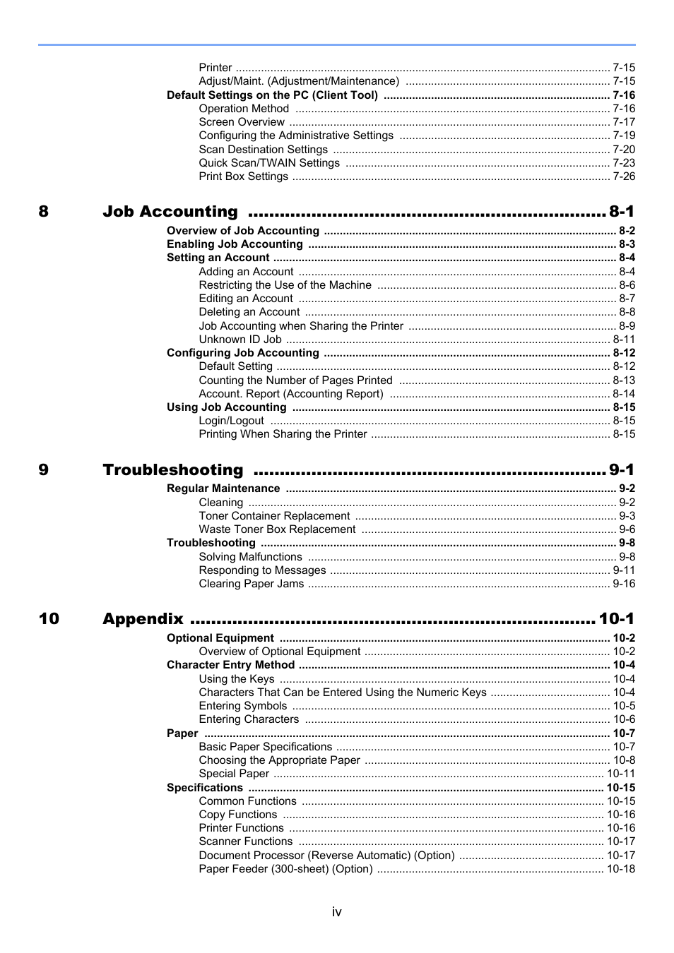 8job accounting -1, 9troubleshooting -1, 10 appendix -1 | TA Triumph-Adler 1855 User Manual | Page 5 / 212