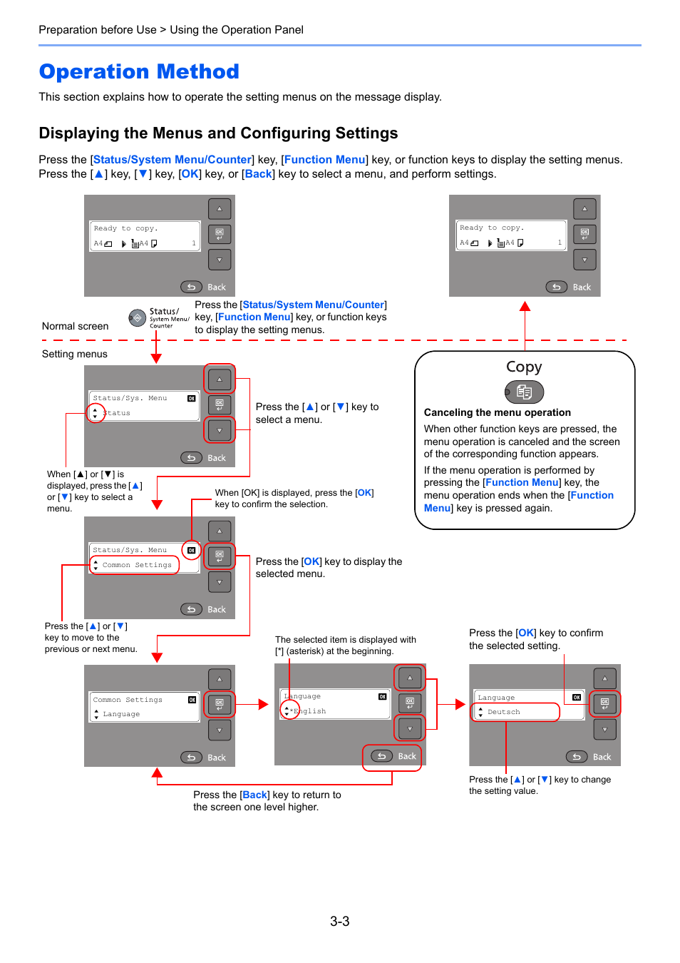 Operation method, Operation method -3, Displaying the menus and configuring settings | TA Triumph-Adler 1855 User Manual | Page 55 / 212