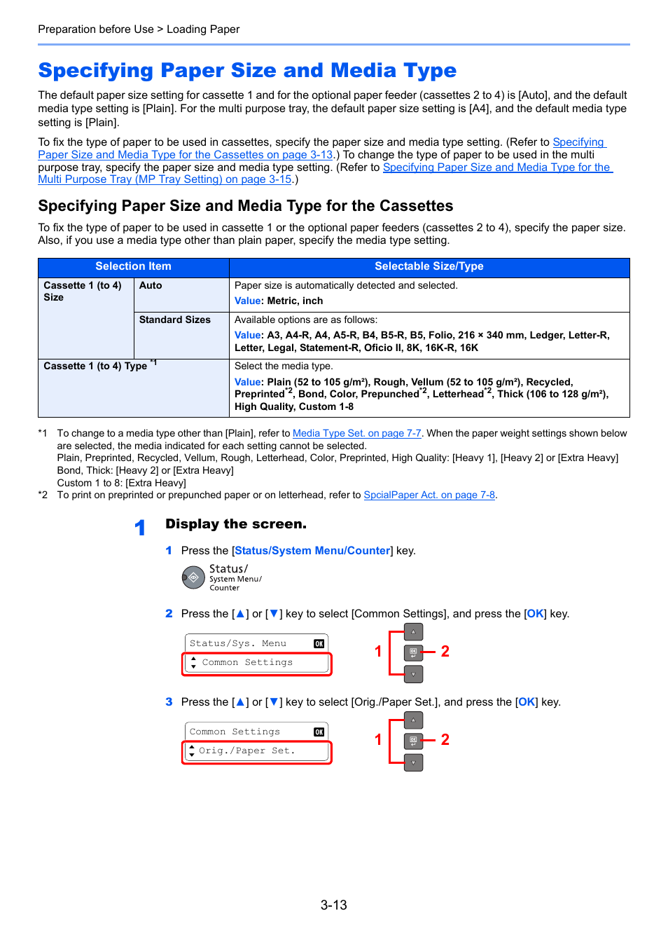 Specifying paper size and media type, Specifying paper size and media type -13, Display the screen | TA Triumph-Adler 1855 User Manual | Page 65 / 212