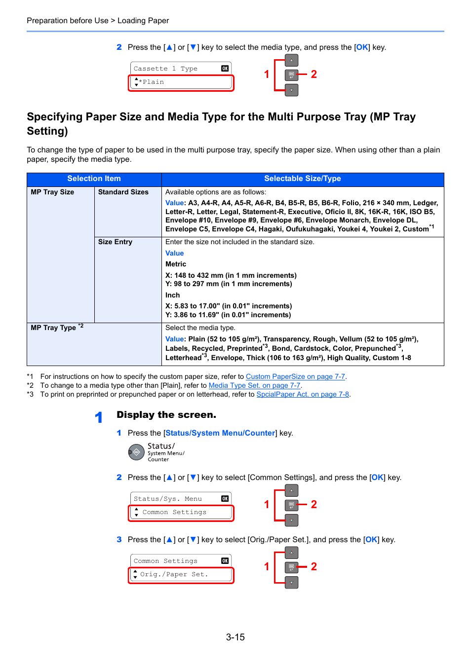 Specifying paper size and media type for the, Specifying, Display the screen | TA Triumph-Adler 1855 User Manual | Page 67 / 212