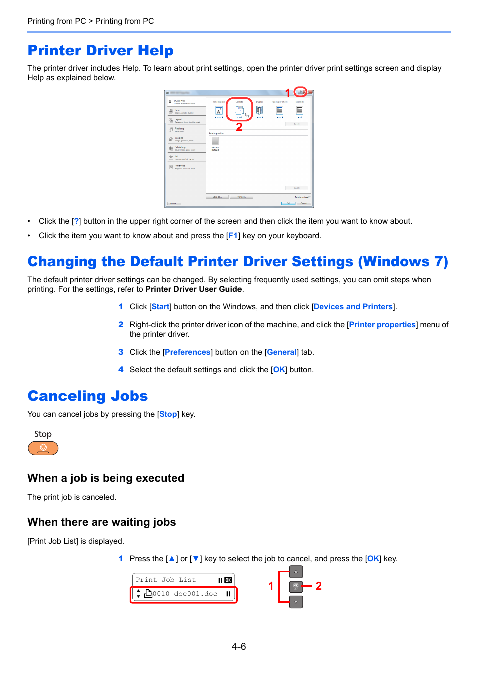 Printer driver help, Canceling jobs, When a job is being executed | When there are waiting jobs | TA Triumph-Adler 1855 User Manual | Page 75 / 212