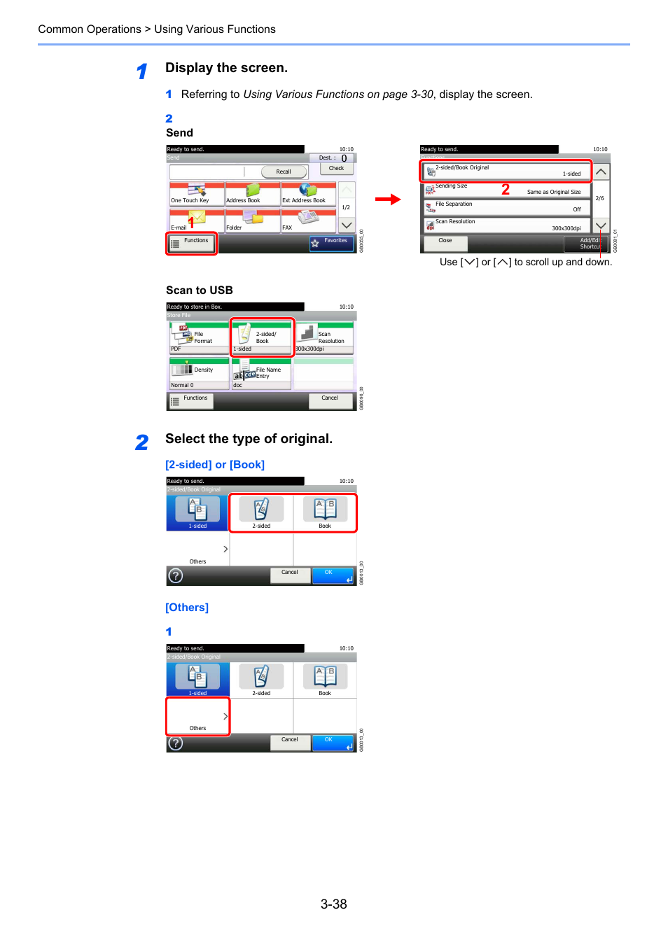 Display the screen, Select the type of original, Common operations > using various functions | Sided] or [book] [others] 1, Send, Scan to usb, Use [ ] or [ ] to scroll up and down | TA Triumph-Adler 206ci User Manual | Page 102 / 382