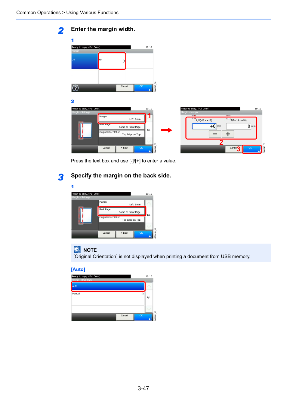 Enter the margin width, Specify the margin on the back side, Common operations > using various functions | TA Triumph-Adler 206ci User Manual | Page 111 / 382