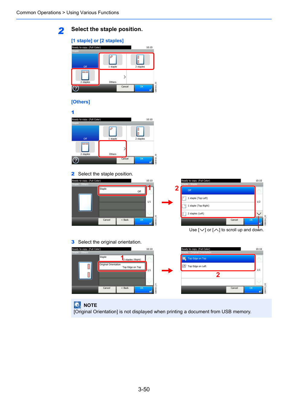 Select the staple position, Common operations > using various functions, Use [ ] or [ ] to scroll up and down | TA Triumph-Adler 206ci User Manual | Page 114 / 382