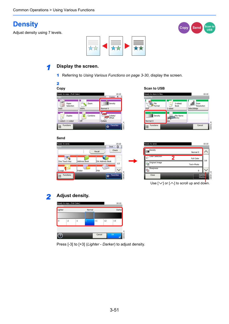 Density, Density -51, E 3-51 | Display the screen, Adjust density, Common operations > using various functions, Adjust density using 7 levels, Copy send, Copy scan to usb, Send | TA Triumph-Adler 206ci User Manual | Page 115 / 382