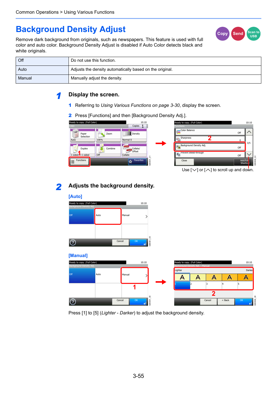 Background density adjust, Background density adjust -55, Display the screen | Adjusts the background density, Common operations > using various functions, Use [ ] or [ ] to scroll up and down | TA Triumph-Adler 206ci User Manual | Page 119 / 382