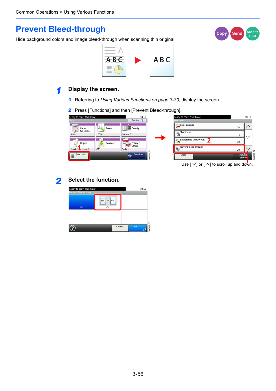 Prevent bleed-through, Prevent bleed-through -56, Ge 3-56 | Display the screen, Select the function, Common operations > using various functions | TA Triumph-Adler 206ci User Manual | Page 120 / 382