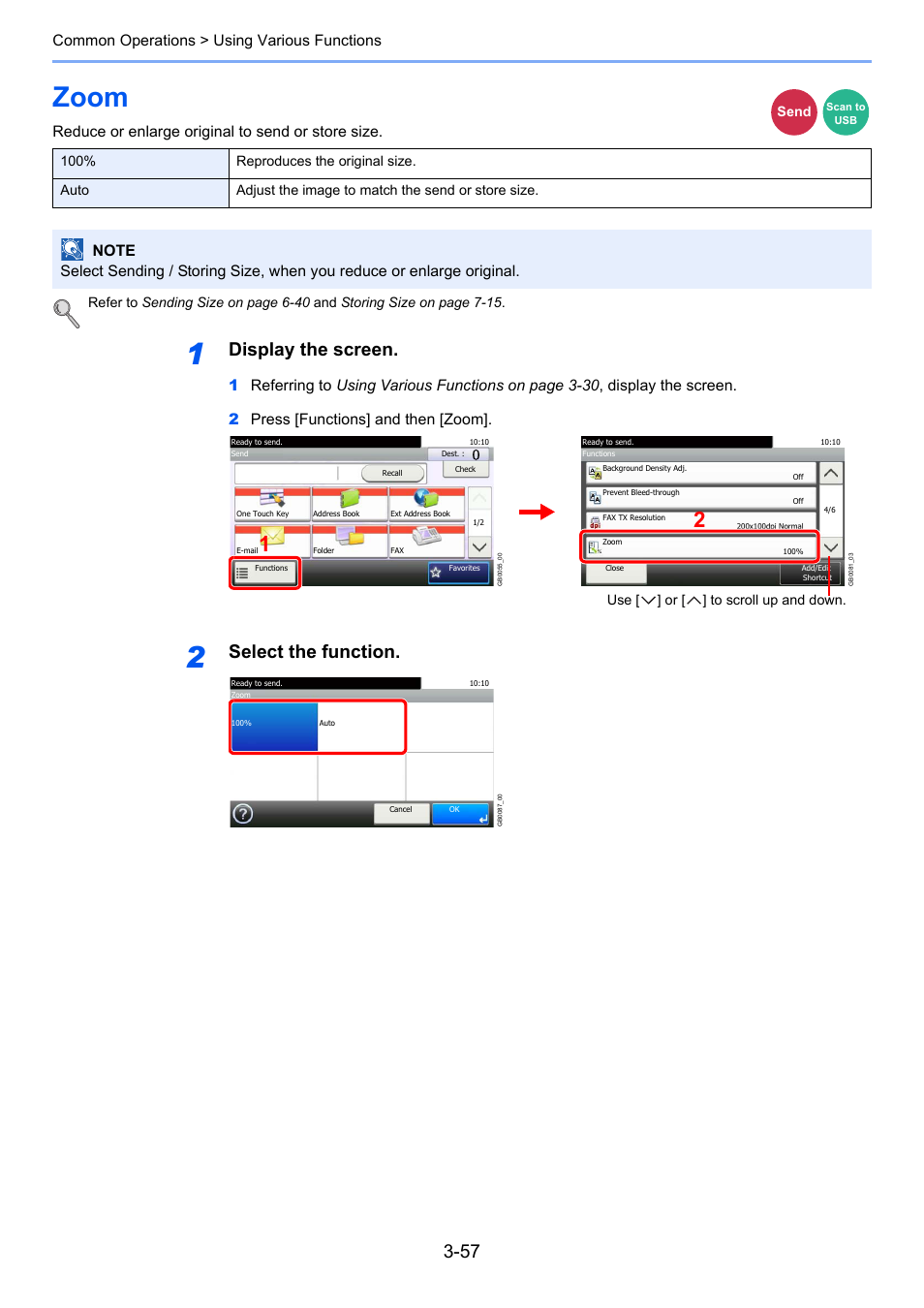 Zoom, Zoom -57, Display the screen | Select the function, Common operations > using various functions, Reduce or enlarge original to send or store size | TA Triumph-Adler 206ci User Manual | Page 121 / 382