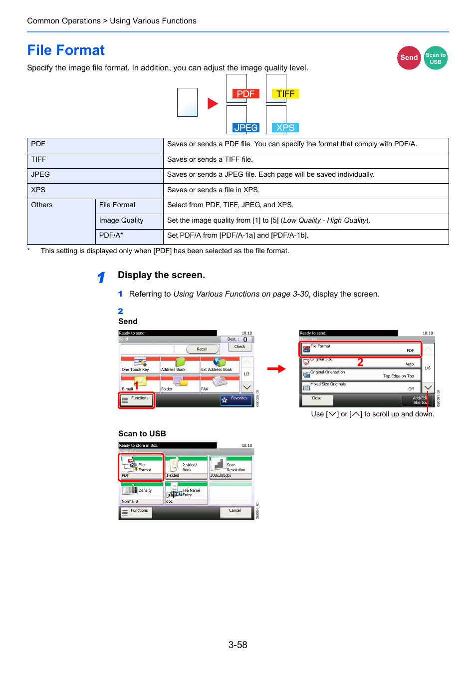 File format, File format -58, E 3-58 ) | Display the screen, Common operations > using various functions, Send, Scan to usb | TA Triumph-Adler 206ci User Manual | Page 122 / 382