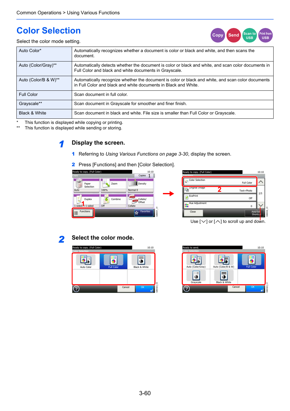 Color selection, Color selection -60, Display the screen | Select the color mode, Common operations > using various functions, Select the color mode setting | TA Triumph-Adler 206ci User Manual | Page 124 / 382