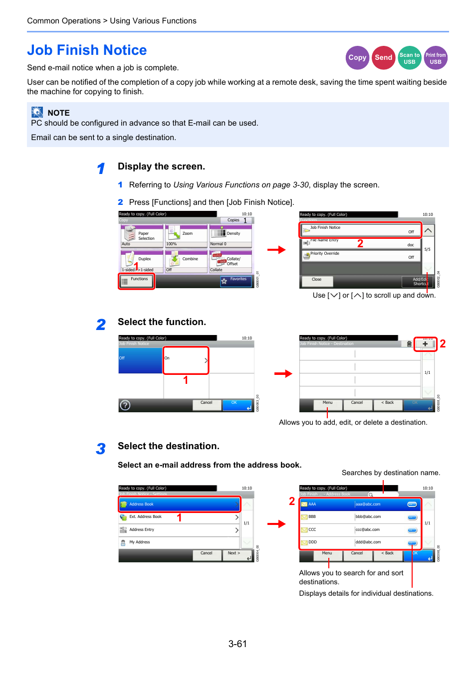 Job finish notice, Job finish notice -61, Age 3-61 | Display the screen, Select the function, Select the destination, Common operations > using various functions, Copy send, Use [ ] or [ ] to scroll up and down, Allows you to add, edit, or delete a destination | TA Triumph-Adler 206ci User Manual | Page 125 / 382