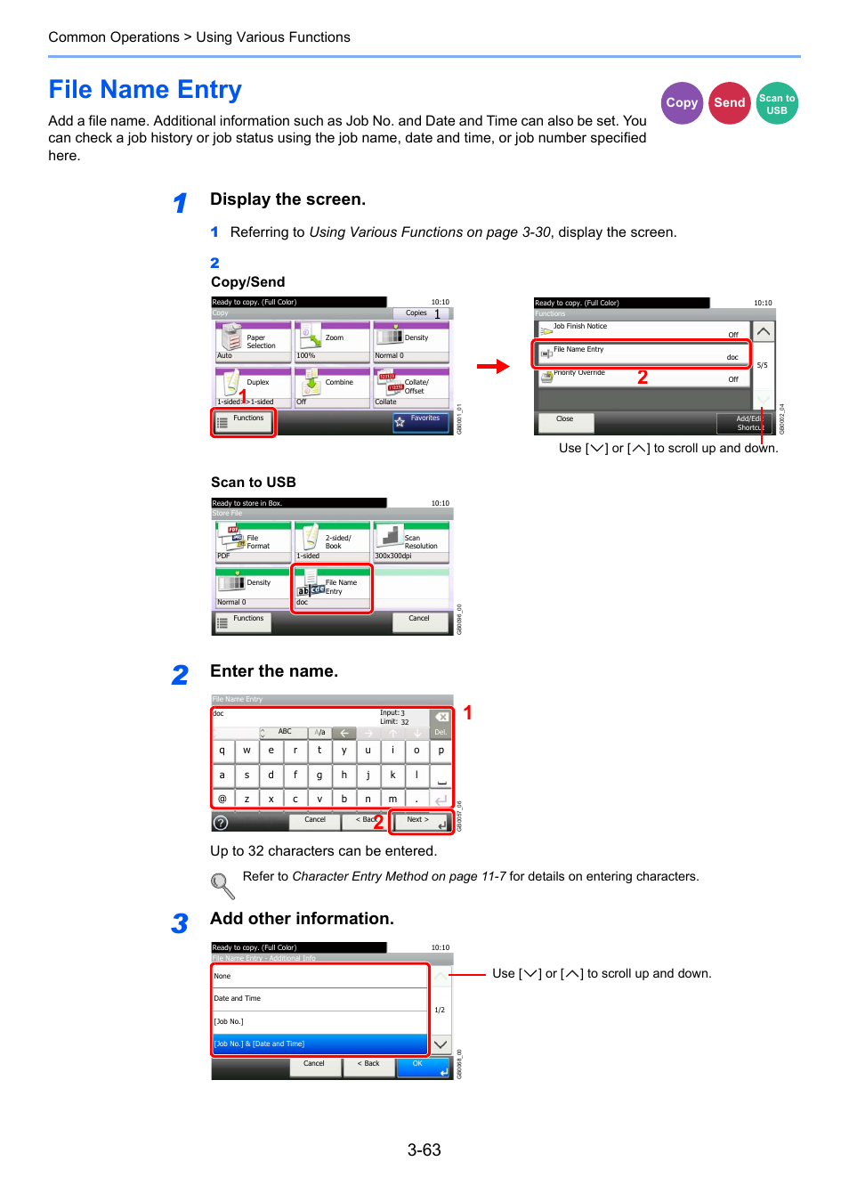 File name entry, File name entry -63, Ge 3-63 | Display the screen, Enter the name, Add other information, Common operations > using various functions, Up to 32 characters can be entered, Copy/send, Scan to usb | TA Triumph-Adler 206ci User Manual | Page 127 / 382