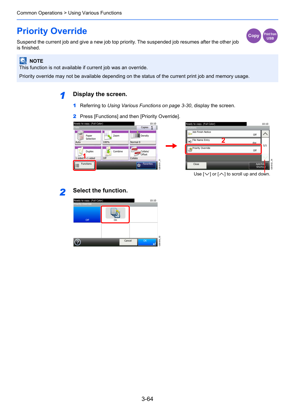 Priority override, Priority override -64, Age 3-64 | Display the screen, Select the function, Common operations > using various functions | TA Triumph-Adler 206ci User Manual | Page 128 / 382