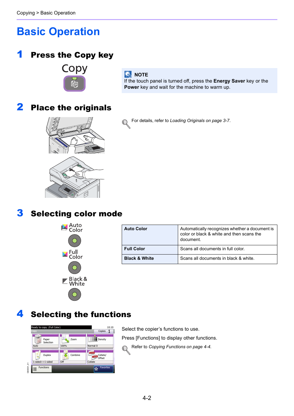 Basic operation, Basic operation -2, G -2 | Press the copy key, Place the originals, Selecting color mode, Selecting the functions | TA Triumph-Adler 206ci User Manual | Page 130 / 382