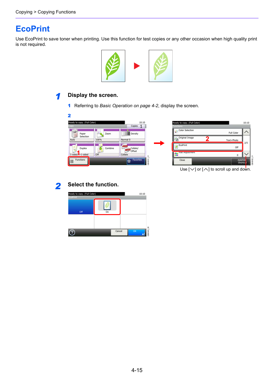 Ecoprint, Ecoprint -15, Display the screen | Select the function, Copying > copying functions, Use [ ] or [ ] to scroll up and down | TA Triumph-Adler 206ci User Manual | Page 143 / 382