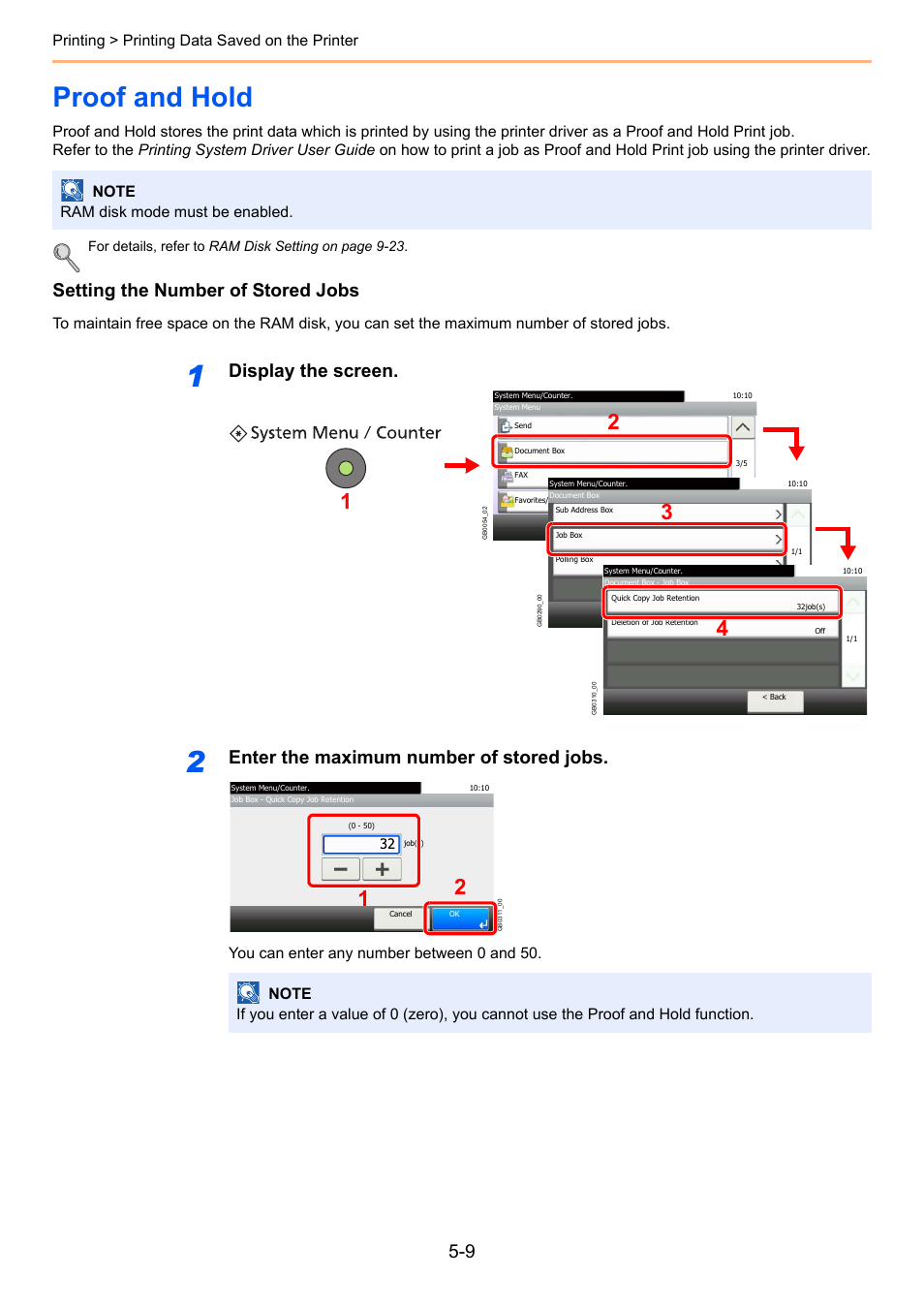 Proof and hold, Proof and hold -9, Setting the number of stored jobs | Display the screen, Enter the maximum number of stored jobs, Printing > printing data saved on the printer | TA Triumph-Adler 206ci User Manual | Page 157 / 382