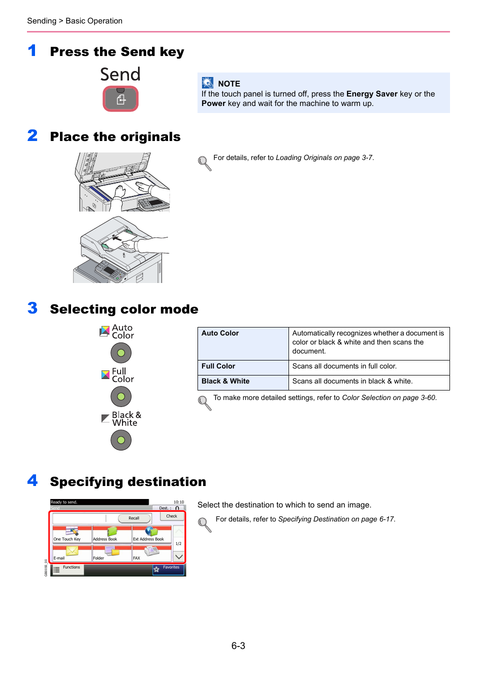 Press the send key, Place the originals, Selecting color mode | Specifying destination | TA Triumph-Adler 206ci User Manual | Page 163 / 382