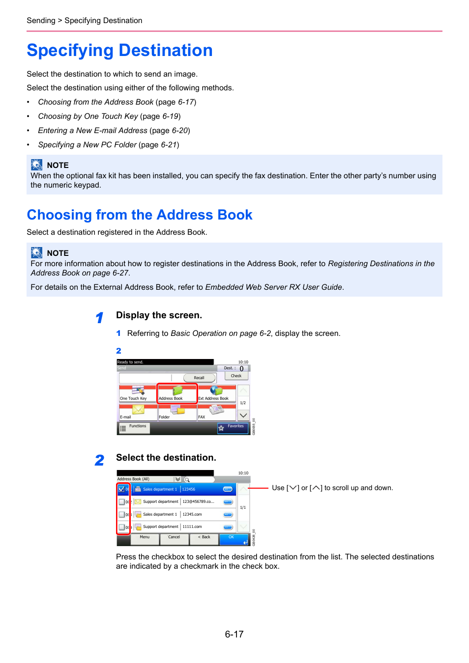 Specifying destination, Choosing from the address book, Specifying destination -17 | Choosing from the address book -17, E 6-17, Display the screen, Select the destination | TA Triumph-Adler 206ci User Manual | Page 177 / 382