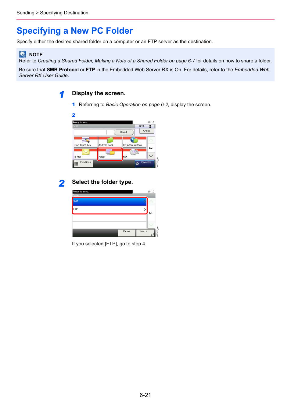 Specifying a new pc folder, Specifying a new pc folder -21, Specifying a new pc folder (p | E 6-21, Display the screen, Select the folder type, Sending > specifying destination | TA Triumph-Adler 206ci User Manual | Page 181 / 382