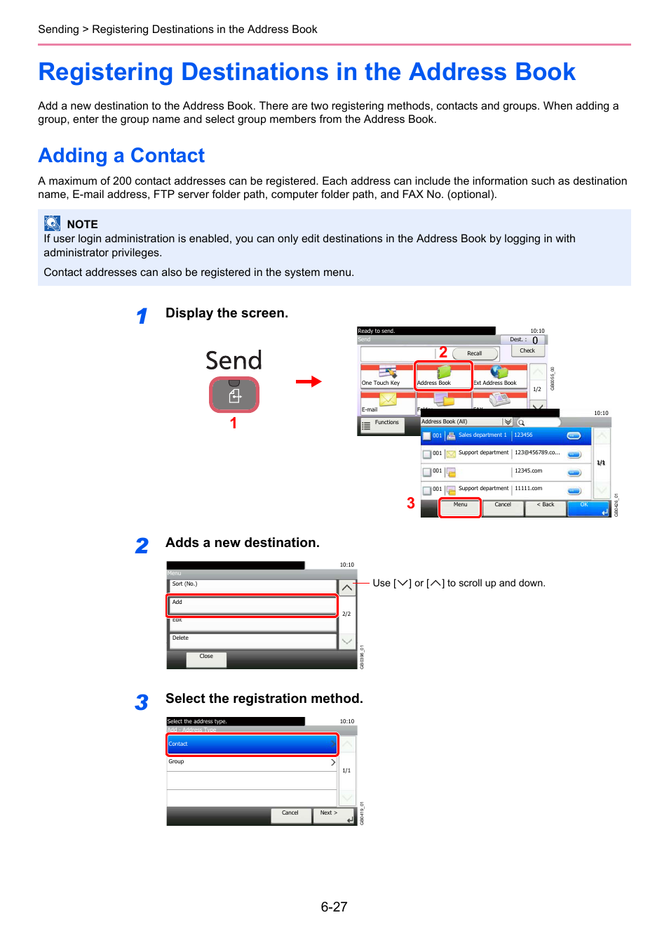 Registering destinations in the address book, Adding a contact, Registering destinations in the address book -27 | Adding a contact -27, Display the screen, Adds a new destination, Select the registration method | TA Triumph-Adler 206ci User Manual | Page 187 / 382