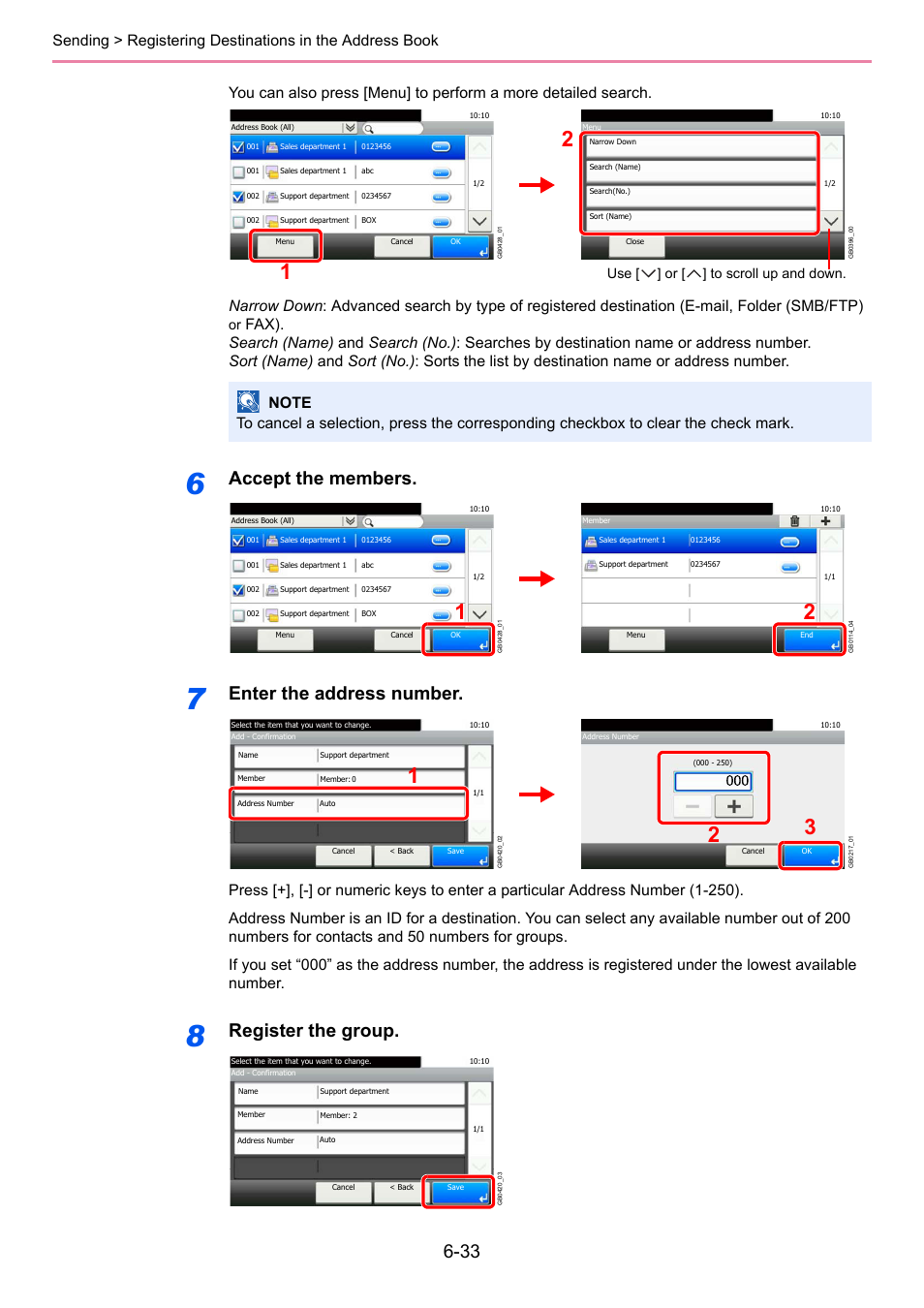 Accept the members, Enter the address number, Register the group | Use [ ] or [ ] to scroll up and down | TA Triumph-Adler 206ci User Manual | Page 193 / 382