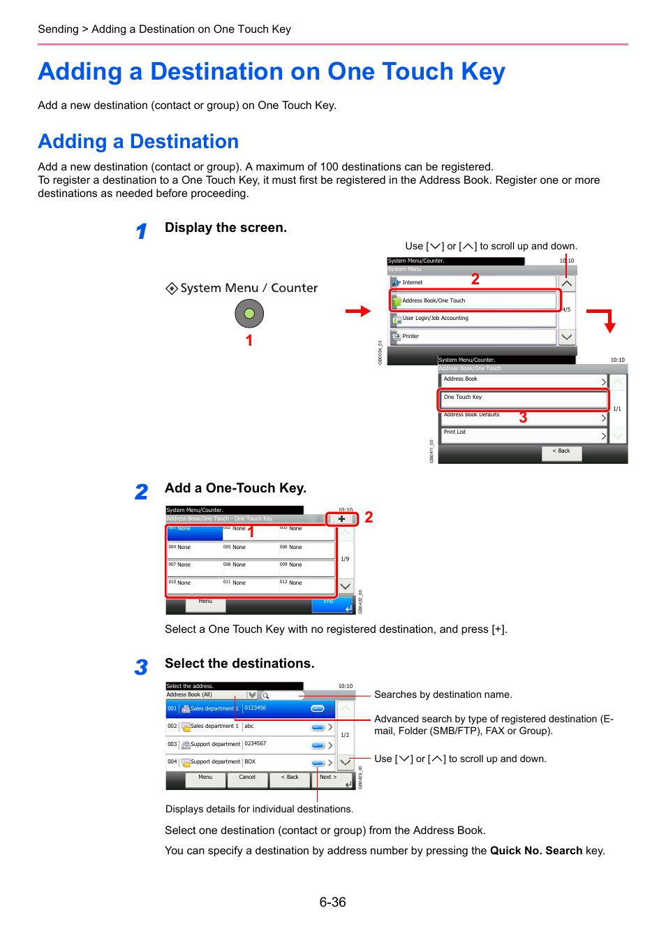 Adding a destination on one touch key, Adding a destination, Adding a destination on one touch key -36 | Adding a destination -36, Display the screen, Add a one-touch key, Select the destinations, Sending > adding a destination on one touch key, Use [ ] or [ ] to scroll up and down | TA Triumph-Adler 206ci User Manual | Page 196 / 382