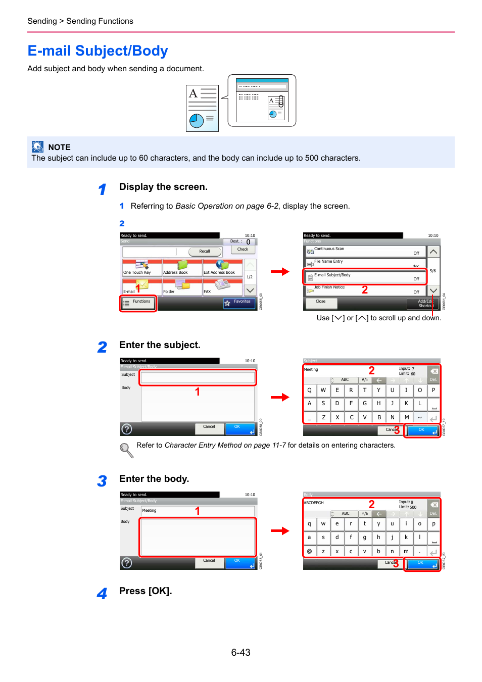 E-mail subject/body, E-mail subject/body -43, Display the screen | Enter the subject, Enter the body, Press [ok, Sending > sending functions, Add subject and body when sending a document | TA Triumph-Adler 206ci User Manual | Page 203 / 382
