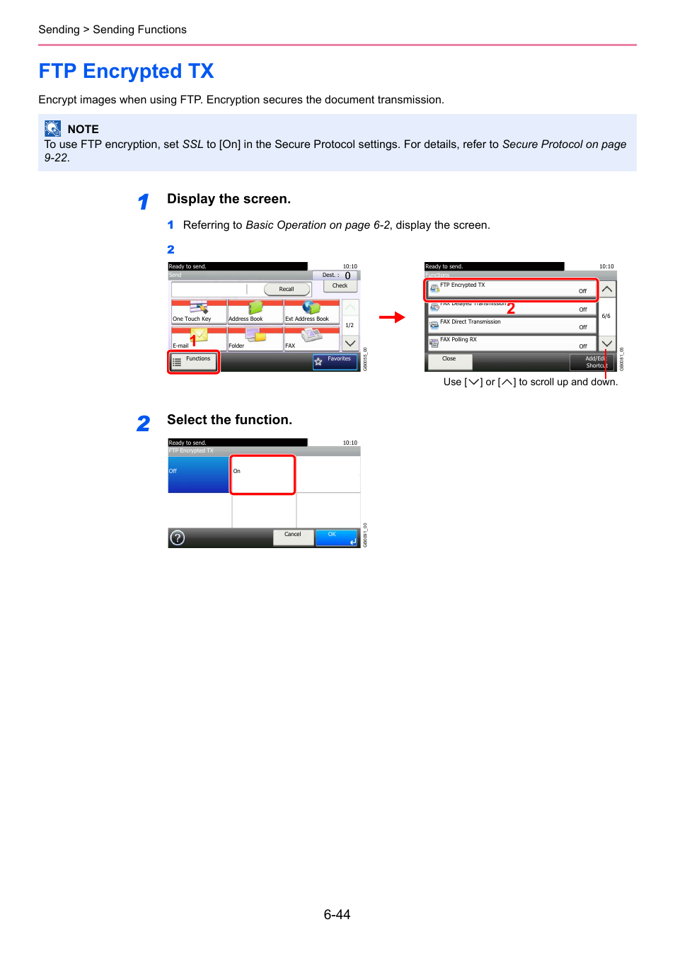 Ftp encrypted tx, Ftp encrypted tx -44, Display the screen | Select the function, Sending > sending functions | TA Triumph-Adler 206ci User Manual | Page 204 / 382