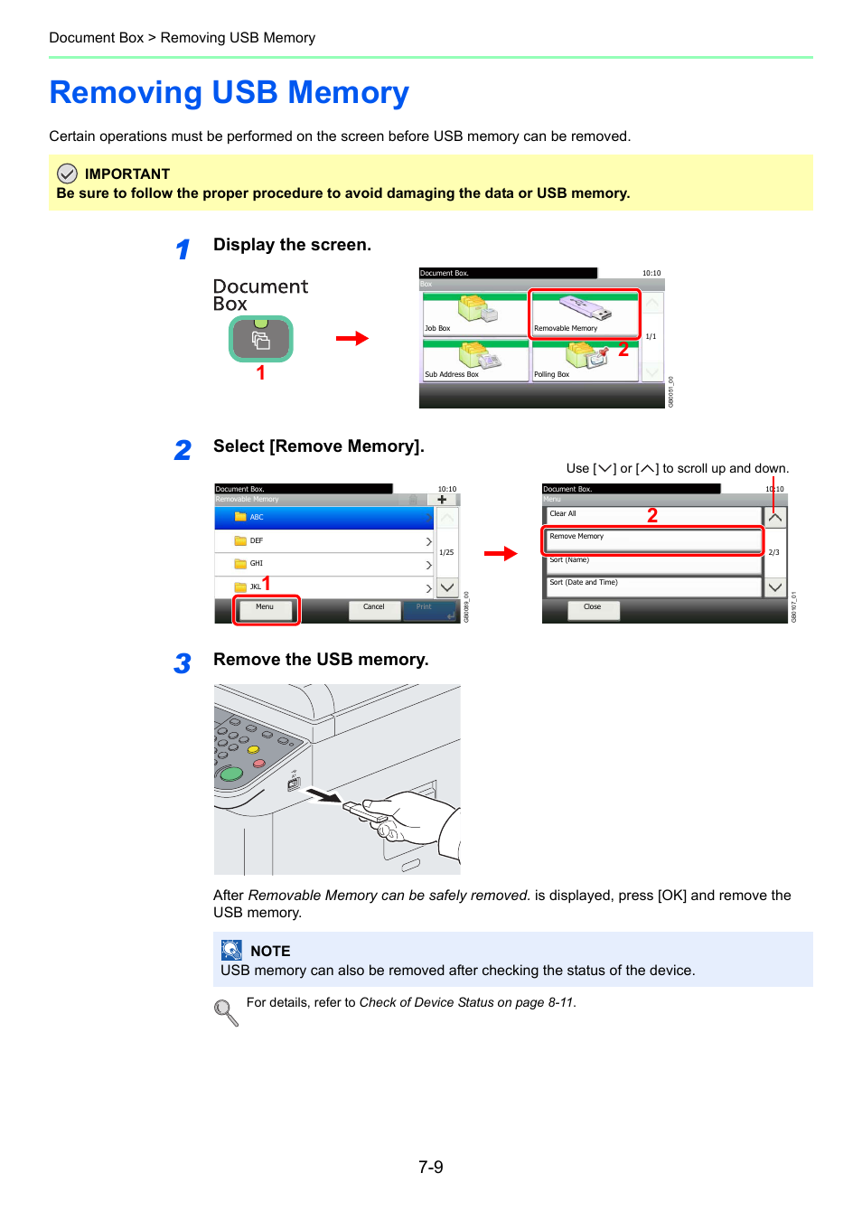Removing usb memory, Removing usb memory -9, Display the screen | TA Triumph-Adler 206ci User Manual | Page 219 / 382