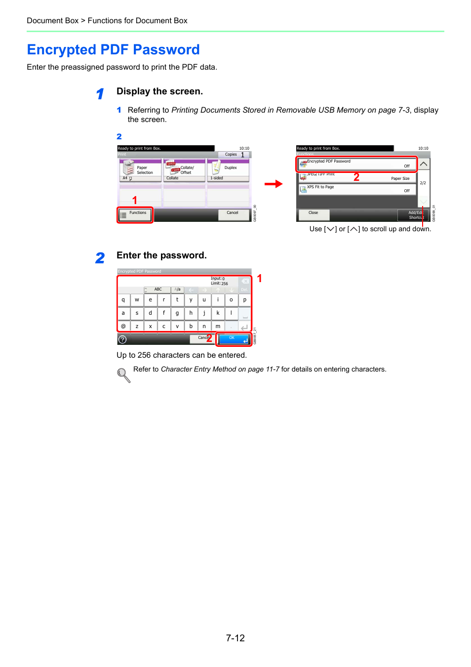 Encrypted pdf password, Encrypted pdf password -12, Age 7-12 ) | Display the screen, Enter the password, Document box > functions for document box, Up to 256 characters can be entered | TA Triumph-Adler 206ci User Manual | Page 222 / 382