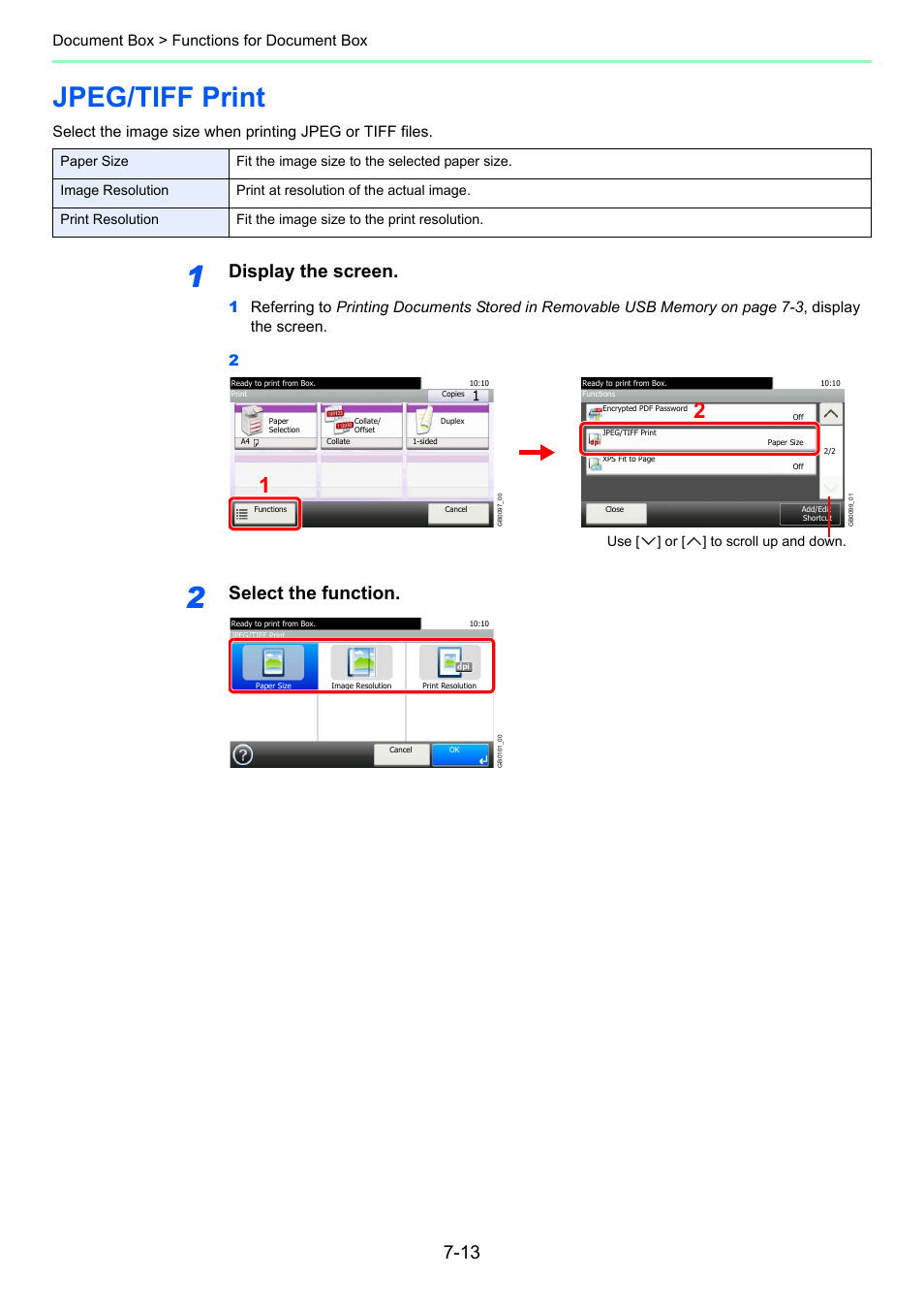 Jpeg/tiff print, Jpeg/tiff print -13, Display the screen | Select the function, Document box > functions for document box | TA Triumph-Adler 206ci User Manual | Page 223 / 382