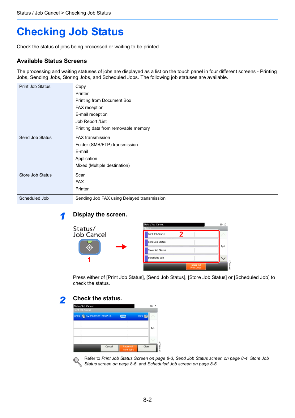 Checking job status, Checking job status -2, Available status screens | Display the screen, Check the status | TA Triumph-Adler 206ci User Manual | Page 228 / 382