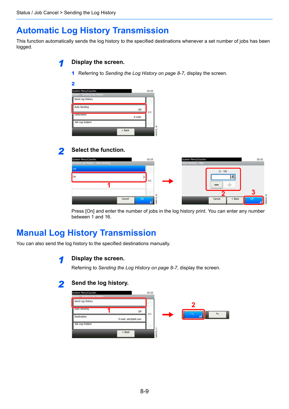 Automatic log history transmission, Manual log history transmission, Display the screen | Select the function, Send the log history | TA Triumph-Adler 206ci User Manual | Page 235 / 382
