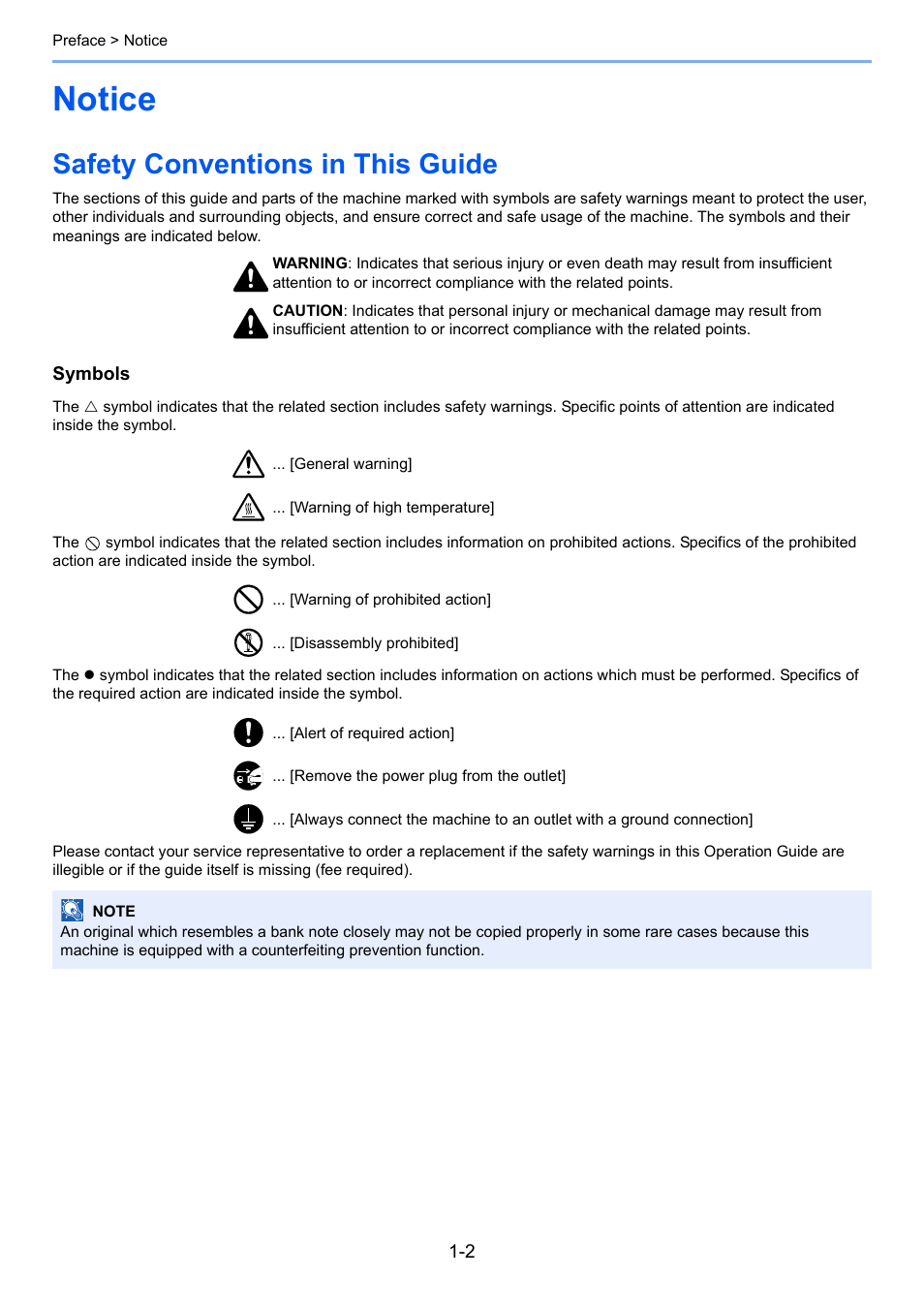 Notice, Safety conventions in this guide, Notice -2 | Safety conventions in this guide -2 | TA Triumph-Adler 206ci User Manual | Page 24 / 382