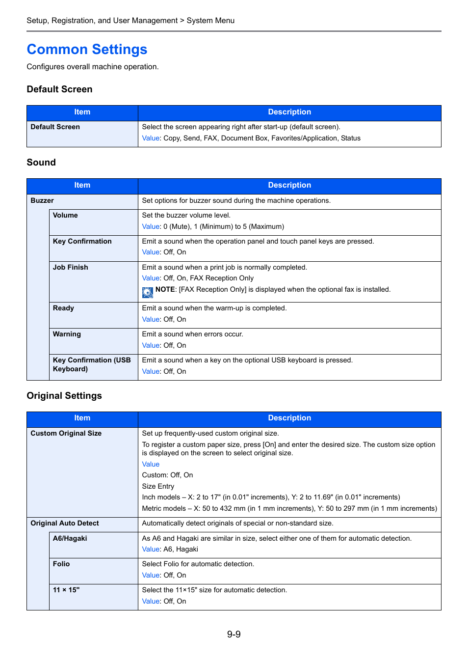 Common settings, Common settings -9, E 9-9 | E 9-9 ), Age 9-9, Default screen, Sound, Original settings, Default screen sound original settings | TA Triumph-Adler 206ci User Manual | Page 249 / 382