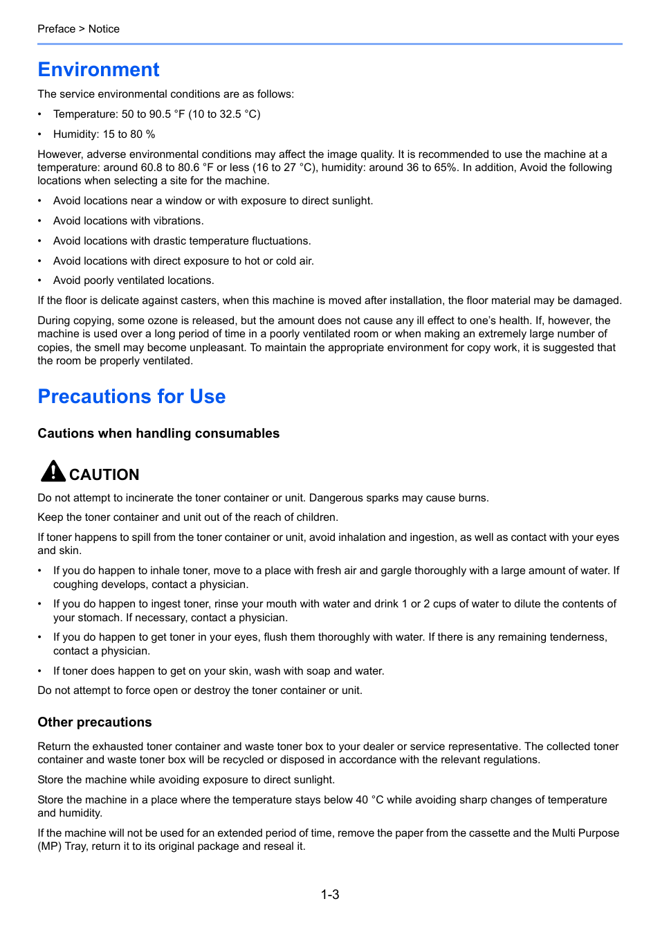 Environment, Precautions for use, Environment -3 precautions for use -3 | Caution | TA Triumph-Adler 206ci User Manual | Page 25 / 382