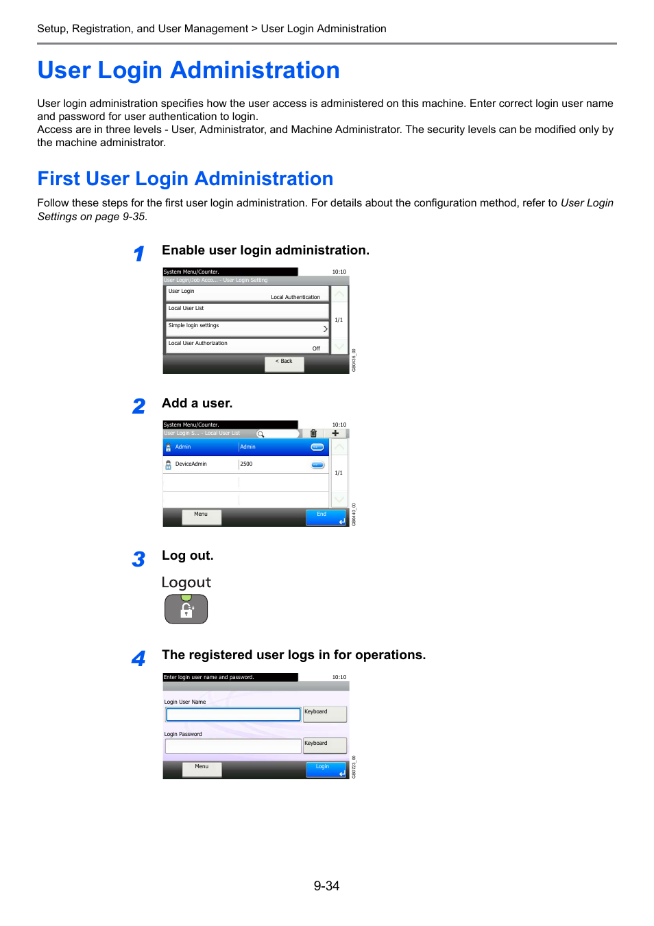 User login administration, First user login administration, User login administration -34 | First user login administration -34, Enable user login administration, Add a user, Log out, The registered user logs in for operations | TA Triumph-Adler 206ci User Manual | Page 274 / 382