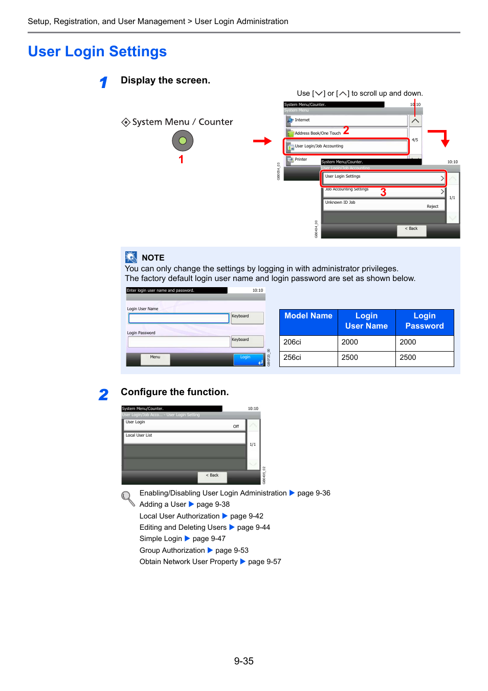 User login settings, User login settings -35, Display the screen | Configure the function | TA Triumph-Adler 206ci User Manual | Page 275 / 382