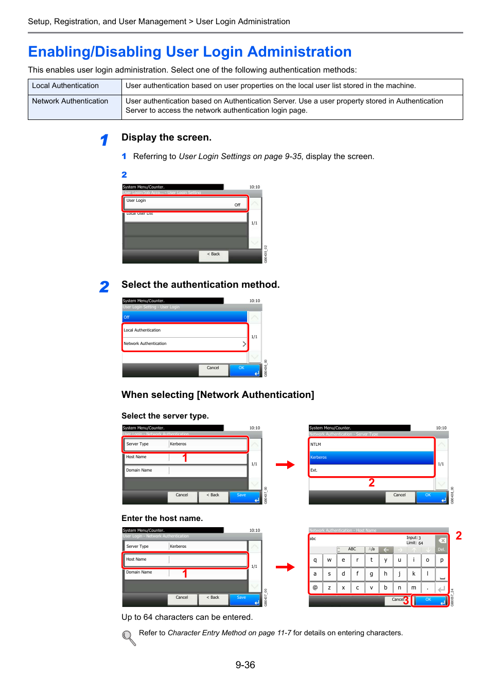 Enabling/disabling user login administration, Enabling/disabling user login administration -36, E 9-36 ) | Display the screen | TA Triumph-Adler 206ci User Manual | Page 276 / 382