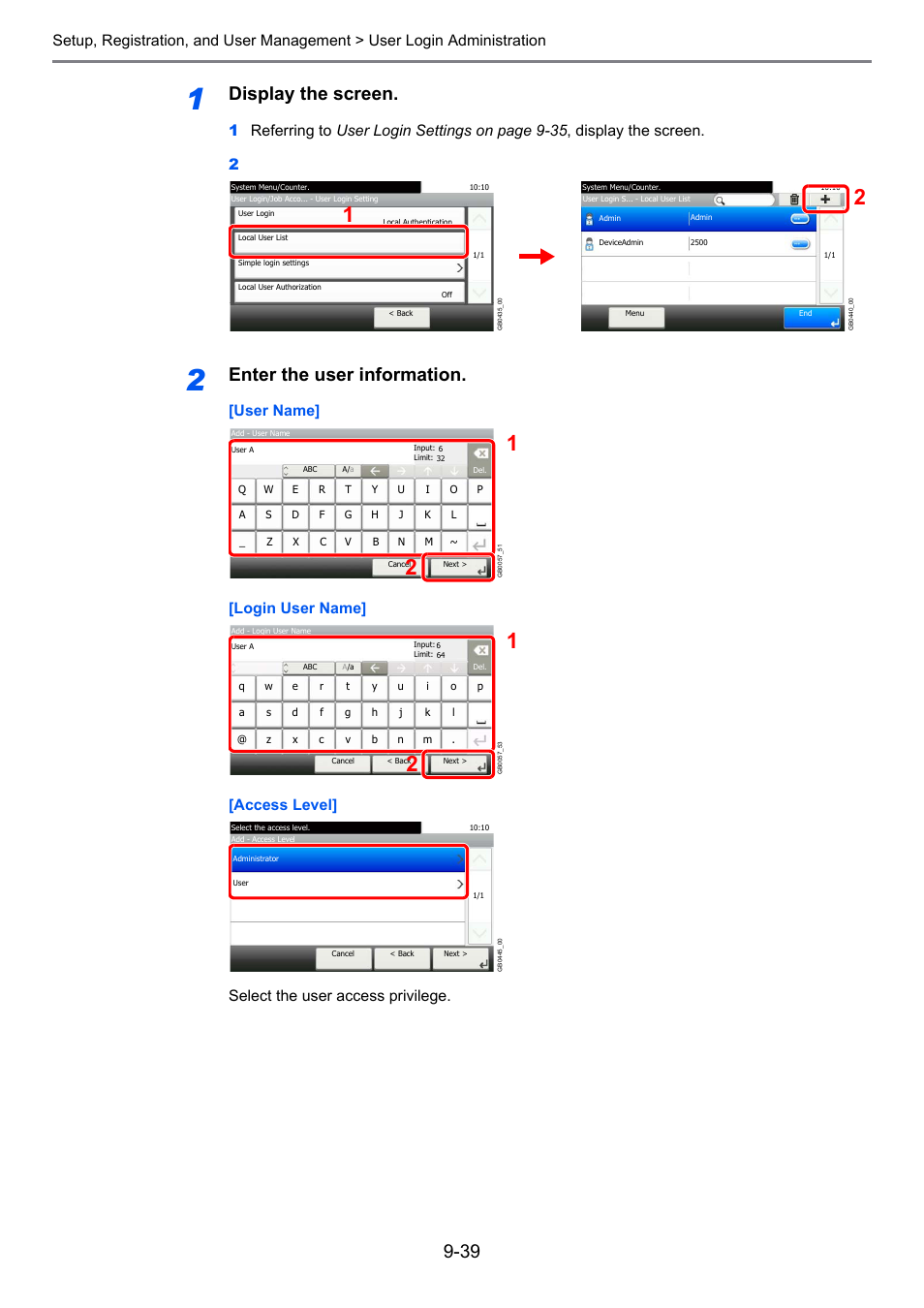 Display the screen, Enter the user information | TA Triumph-Adler 206ci User Manual | Page 279 / 382