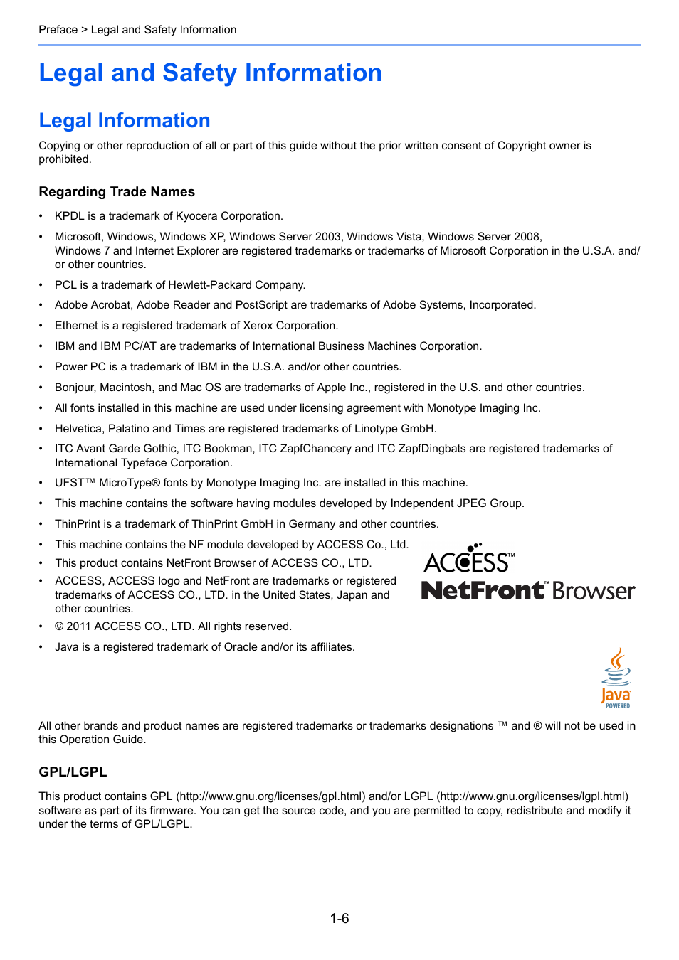 Legal and safety information, Legal information, Legal and safety information -6 | Legal information -6 | TA Triumph-Adler 206ci User Manual | Page 28 / 382