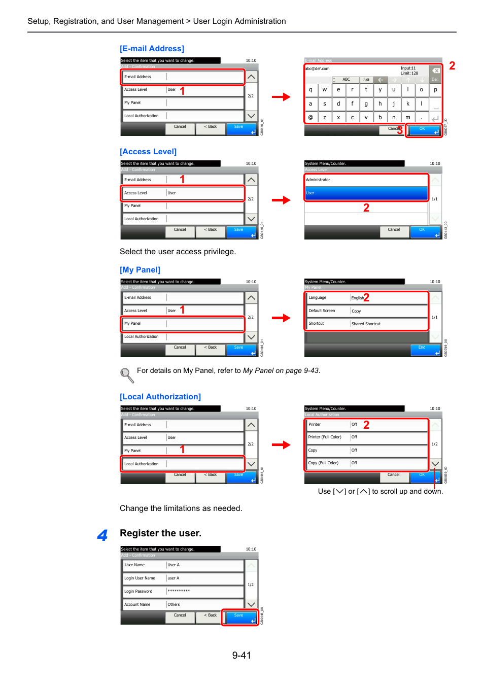 Register the user, Gb0446, Use [ ] or [ ] to scroll up and down | TA Triumph-Adler 206ci User Manual | Page 281 / 382
