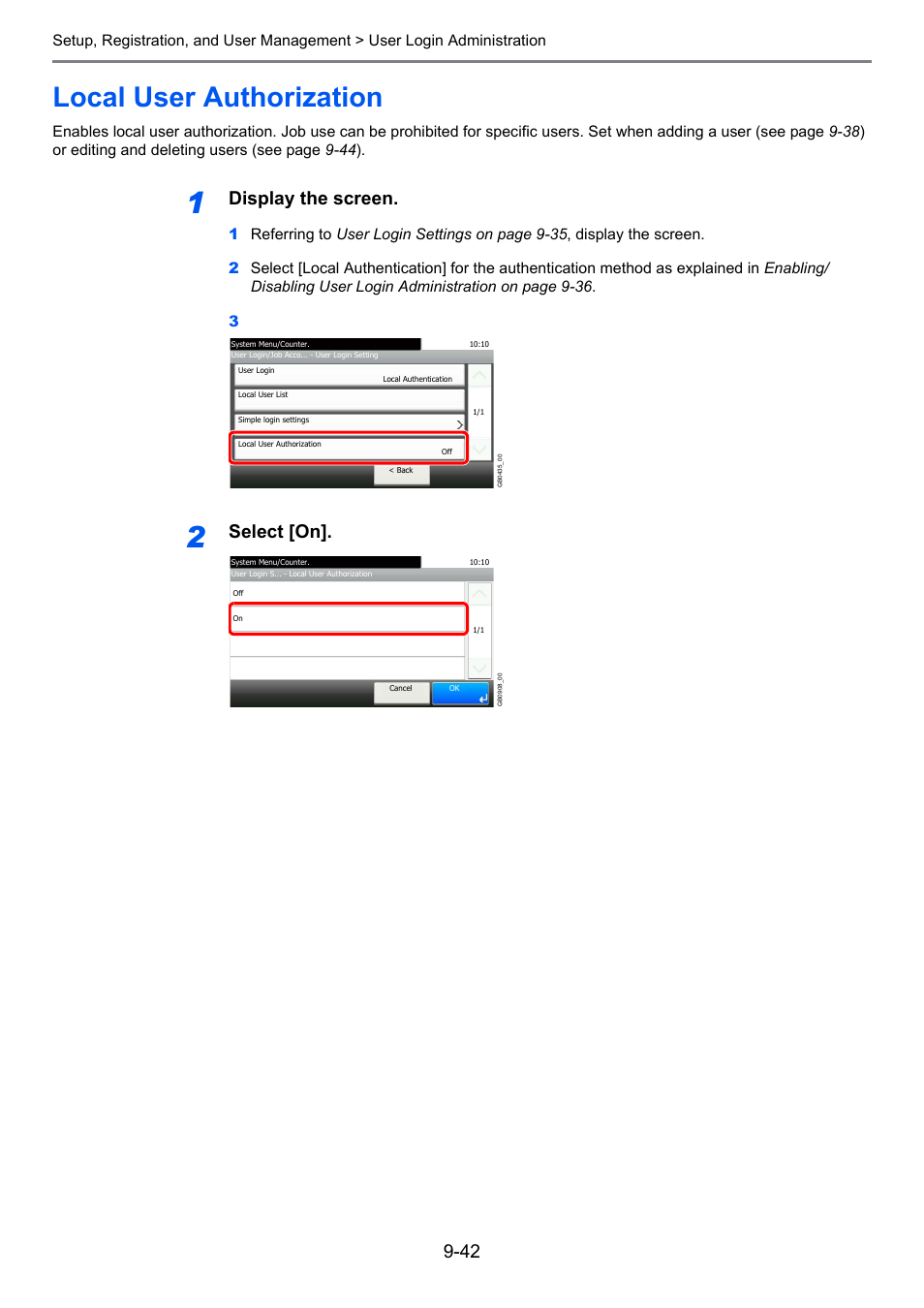 Local user authorization, Local user authorization -42, Age 9-42 | Display the screen, Select [on | TA Triumph-Adler 206ci User Manual | Page 282 / 382