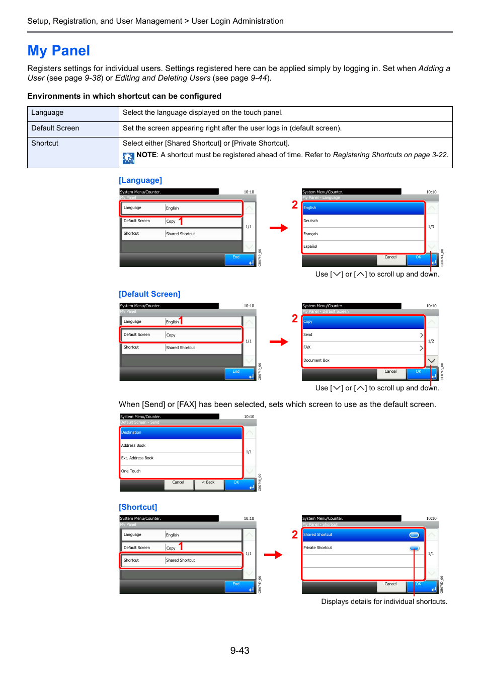 My panel, My panel -43, Use [ ] or [ ] to scroll up and down | Displays details for individual shortcuts | TA Triumph-Adler 206ci User Manual | Page 283 / 382
