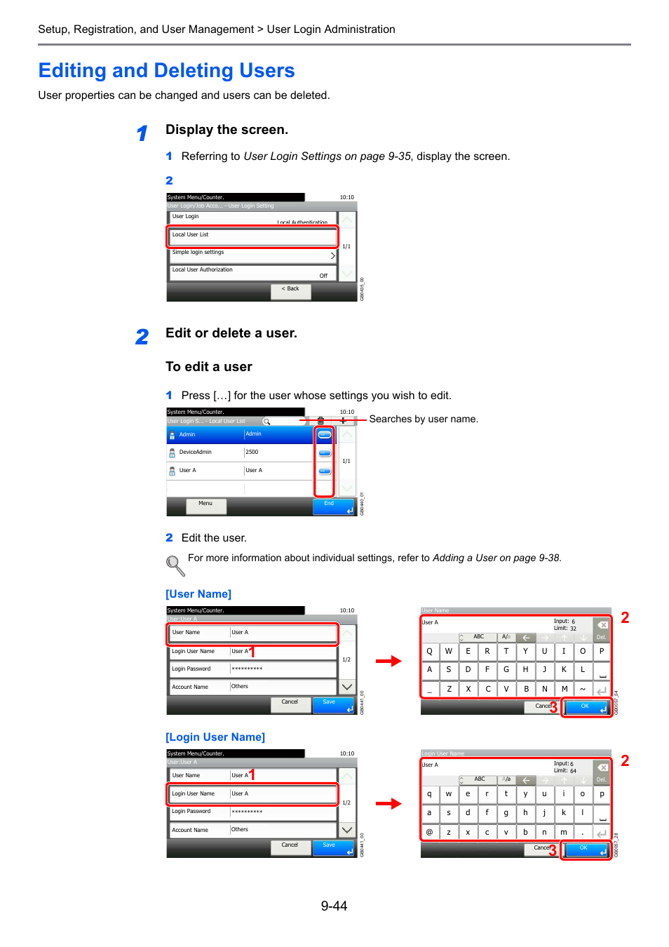Editing and deleting users, Editing and deleting users -44, Ge 9-44 ) | Display the screen, Edit or delete a user. to edit a user, User name] [login user name, Searches by user name | TA Triumph-Adler 206ci User Manual | Page 284 / 382