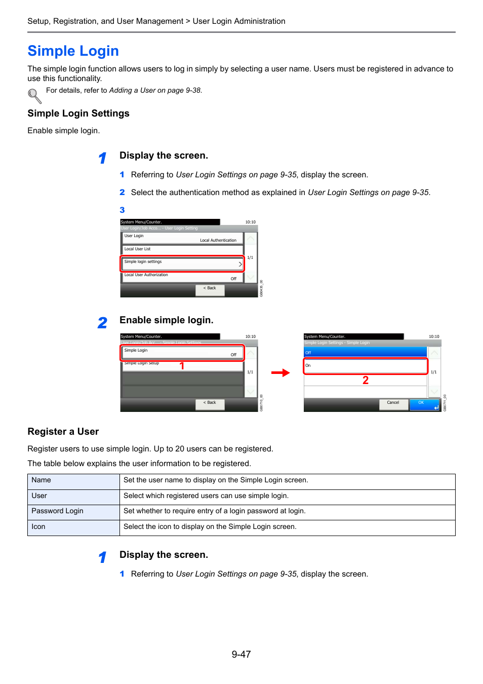 Simple login, Simple login -47, Ge 9-47 | Simple login settings, Display the screen, Enable simple login. register a user | TA Triumph-Adler 206ci User Manual | Page 287 / 382