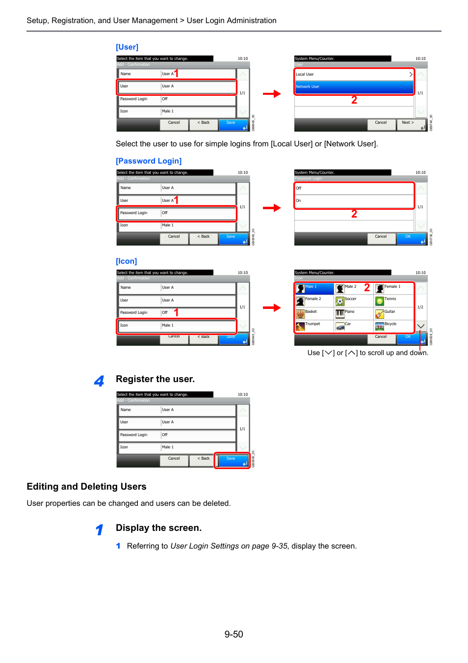 Register the user. editing and deleting users, Display the screen, Use [ ] or [ ] to scroll up and down | TA Triumph-Adler 206ci User Manual | Page 290 / 382