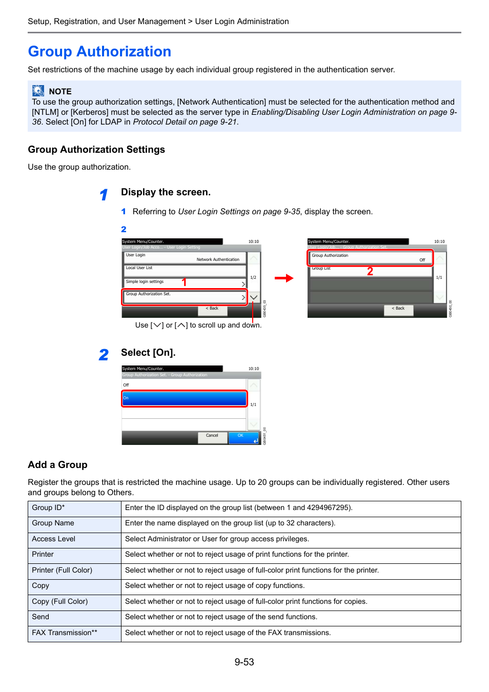 Group authorization, Group authorization -53, Group authorization settings | Display the screen, Select [on]. add a group | TA Triumph-Adler 206ci User Manual | Page 293 / 382